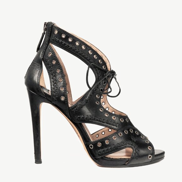 Miu Miu Black Leather Grommet Lace-Up Sandals - Picture 1 of 10